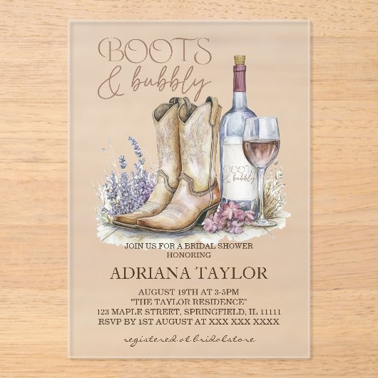 Invitations En Acrylique Boots & Bubbly Fête des mariées occidentale (Recto)