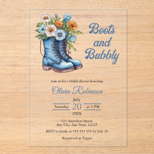 Invitations En Acrylique Boots & Bubbly Western Cowgirl Fête des mariées bl (Recto)