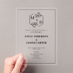 Invitations En Acrylique Bordure de mariage à monogramme botanique minimal