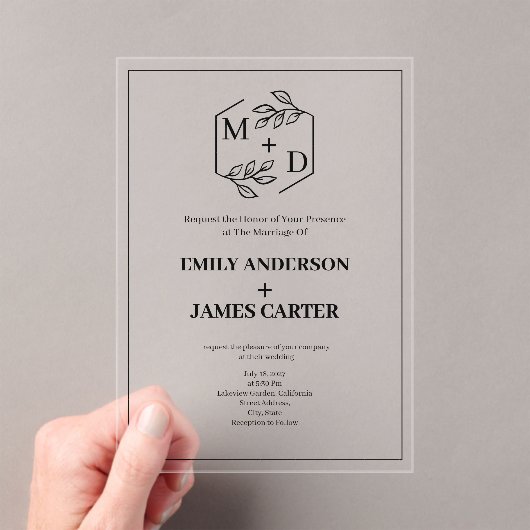 Invitations En Acrylique Bordure de mariage à monogramme botanique minimal (In situ (ordinateur de poche))