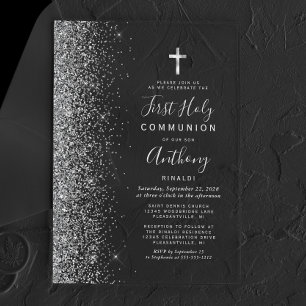 Invitations En Acrylique Bordure Pailletée Argent Première Sainte Communion