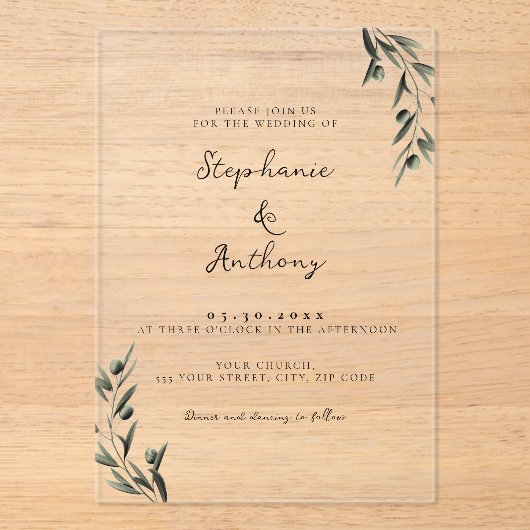 Invitations En Acrylique Botanique Olive Branch Feuille Mariage italien (Recto)