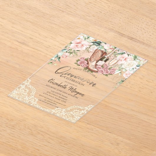Invitations En Acrylique Botte à vin rose dentelle Quinceanera (Poser)