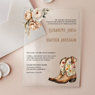 Invitations En Acrylique Bottes de cowboy occidentales florales rustiques p