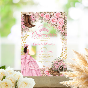 Invitations En Acrylique Bottes occidentales Roses roses dorées Quinceañera
