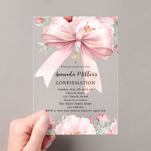 Invitations En Acrylique Boucles d'arc rose fille clair Confirmation (In situ (ordinateur de poche))
