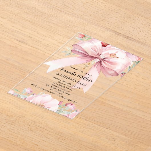 Invitations En Acrylique Boucles d'arc rose fille clair Confirmation (Poser)