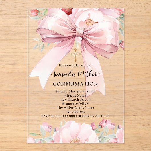 Invitations En Acrylique Boucles d'arc rose fille clair Confirmation (Recto)