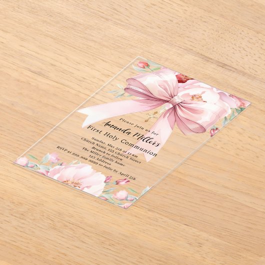 Invitations En Acrylique Boucles d'arc rose fille Première communion clair (Poser)