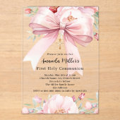 Invitations En Acrylique Boucles d'arc rose fille Première communion clair (Recto)