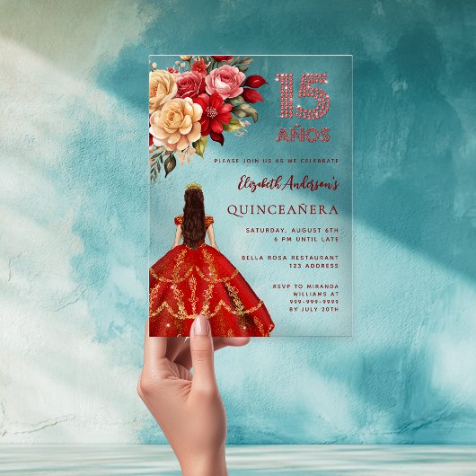Invitations En Acrylique Boucles de robe rouge or rose clair Quinceanera