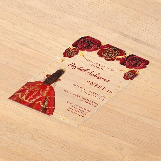 Invitations En Acrylique Boucles de robe rouge rose clair Sweet 16 (Poser)