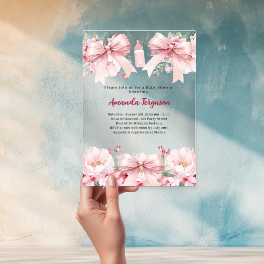 Invitations En Acrylique Boucles roses flores fille bouteille Baby shower c