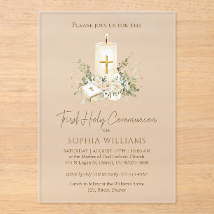 Invitations En Acrylique Bougie de première communion avec Bible et verdure