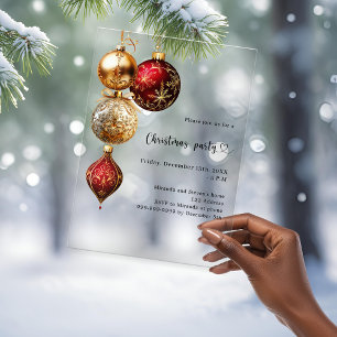 Invitations En Acrylique Boules de Noël en or rouge givré