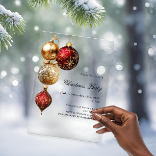 Invitations En Acrylique Boules de Noël en or rouge givré