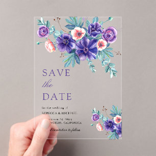 Invitations En Acrylique Bouquet d'anémones violettes Mariage Enregistrer l