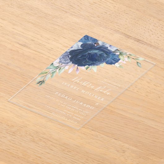 Invitations En Acrylique Bouquet de fleurs bleues Nuestra Boda Mariage espa (Poser)
