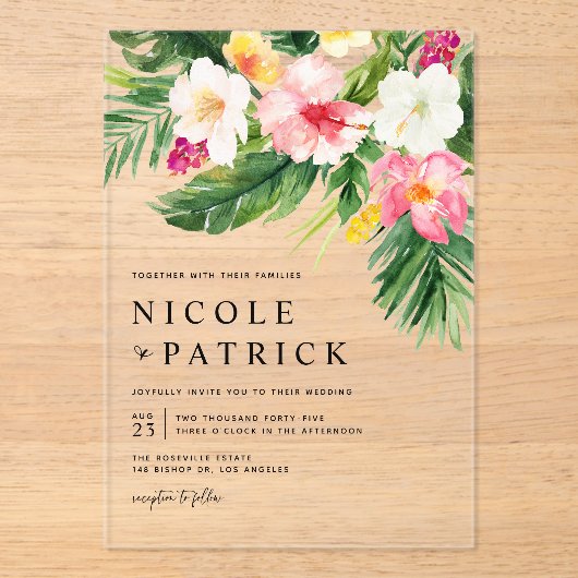 Invitations En Acrylique Bouquet de fleurs tropicales Mariage d'été (Recto)
