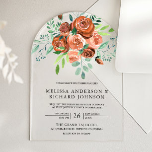 Invitations En Acrylique Bouquet de roses orange brûlé terreux pour mariage