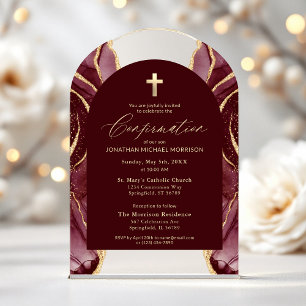 Invitations En Acrylique Bourgogne Agate Or Confirmation Moderne Élégant