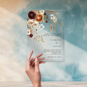 Invitations En Acrylique Bourgogne beige florales pampas transparent mariag