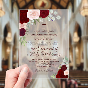 Invitations En Acrylique Bourgogne & Blush Roses Élégant Mariage catholique