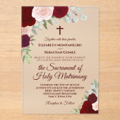 Invitations En Acrylique Bourgogne & Blush Roses Élégant Mariage catholique (Recto)