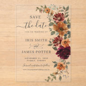 Invitations En Acrylique Bourgogne Burnt Orange Floral Wedding Enregistrer  (Recto)