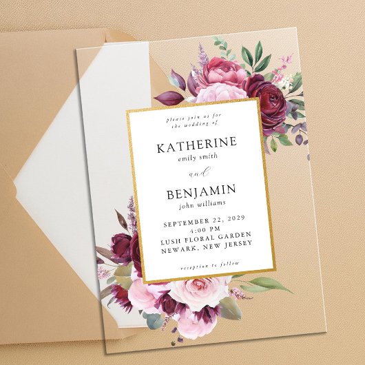 Invitations En Acrylique Bourgogne et rose Elégant Mariage floral