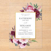 Invitations En Acrylique Bourgogne et rose Elégant Mariage floral (Recto)
