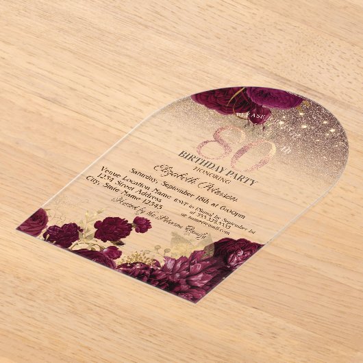 Invitations En Acrylique Bourgogne Fleurs Parties scintillant Rose Or 80e a (Poser)