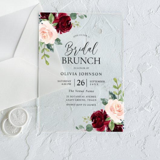 Invitations En Acrylique Bourgogne & Fleurs rousses Fête des mariées Brunch