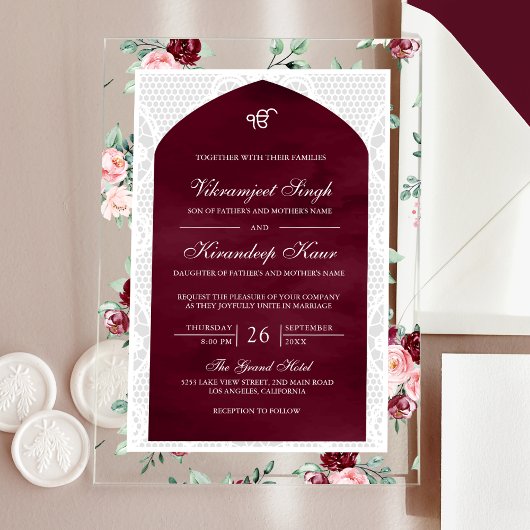 Invitations En Acrylique Bourgogne Floral Anand Karaj Punjabi Sikh Mariage