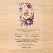 Invitations En Acrylique Bourgogne Floral Crest Mariage musulman (Recto)