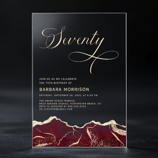 Invitations En Acrylique Bourgogne Gold Agate 70e Soixante-dix fête d'anniv