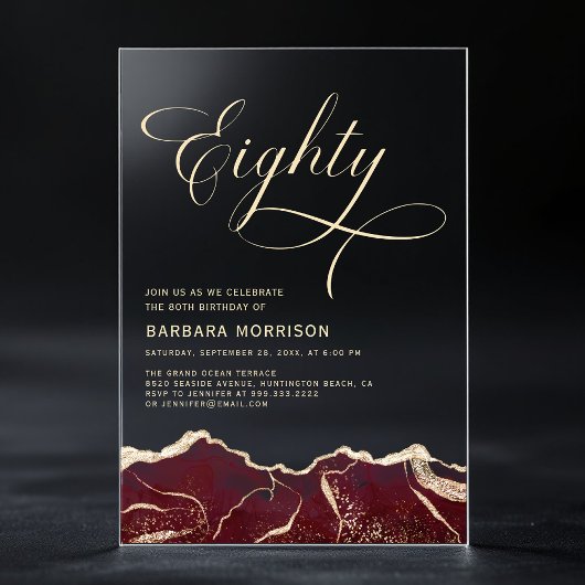 Invitations En Acrylique Bourgogne Gold Agate 80e Soirée Anniversaire
