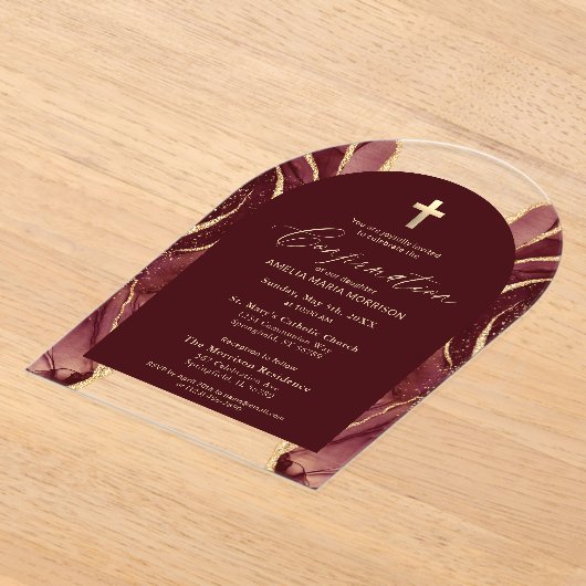 Invitations En Acrylique Bourgogne Gold Agate Confirmation Moderne Élégant (Poser)