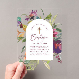 Invitations En Acrylique Bourgogne Moderne Élégant Écriture Florale Baptême