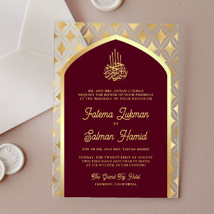Invitations En Acrylique Bourgogne Or Diamants Arche Musulmane Mariage