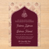 Invitations En Acrylique Bourgogne Rose Gold Damask Arch Mariage musulman (Recto)