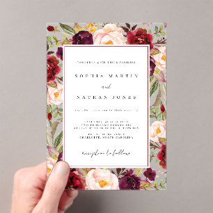 Invitations En Acrylique Bourgogne Vert Floral Feuille Moderne Mariage Clai