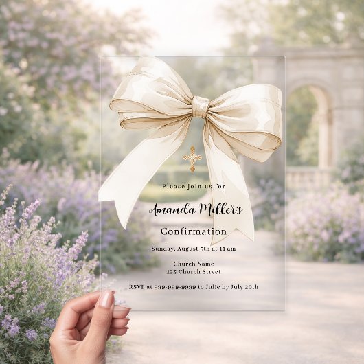 Invitations En Acrylique Bow crème beige fille clair Confirmation