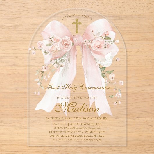 Invitations En Acrylique Bow First Holy Communion Girl - Boho Arch (Recto)