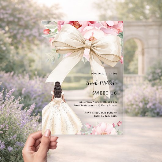 Invitations En Acrylique Bow fleurs roses robe crème claire Sweet 16