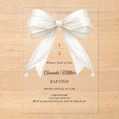 Invitations En Acrylique Bow Ivory Pearls Girl Elegant Baptism (Recto)