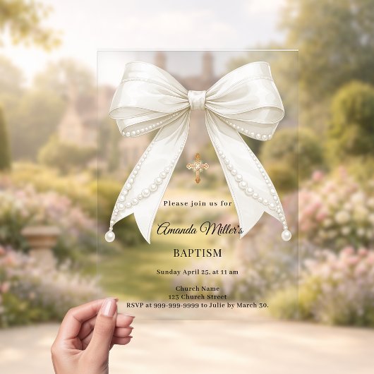 Invitations En Acrylique Bow Ivory Pearls Girl Elegant Baptism
