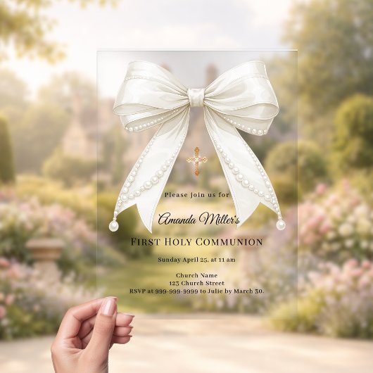 Invitations En Acrylique Bow ivory pearls girl elegant First Communion