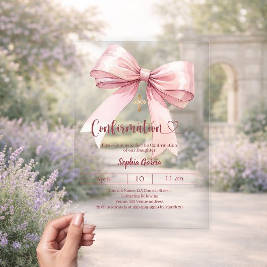 Invitations En Acrylique Bow pink girl elegant clear luxury Confirmation