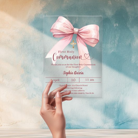 Invitations En Acrylique Bow pink girl elegant luxury clear First Communion